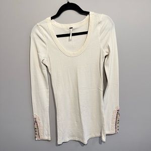 Free People Long Sleeve Top with Embroidered Sleeves, size L